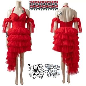 Costume Harley Quinn Suicide Squad Vibrant Red Layered Dress with Sleeve Ties